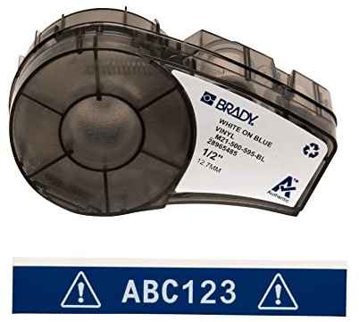 Brady Ruban d’étiquettes vinyles étiqueteuses M211 et M210 - Étiquettes imprimables vinyles adhésives - Étiquettes industrielles câbles/noms - Blanc sur bleu (12.70mm x 6.40m) - M21-500-595-BL