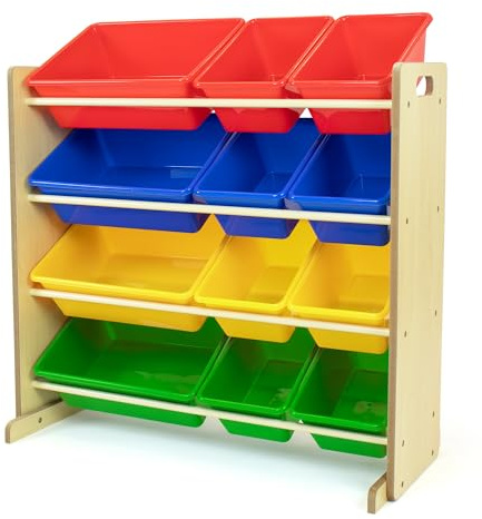 Humble Crew Kids' Toy Storage Organizer with 12 Plastic Bins, Natural/Primary, Model Number: WO560