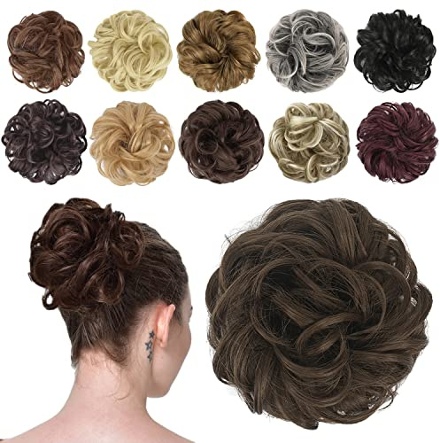 FESHFEN Messy Bun Hair Piece - Wavy Synthetic Chignon Scrunchies for Instant Volume, Elastic Bun Ponytail Hair Extensions Thick Hairpieces for Women, Medium Brown 1.50 oz