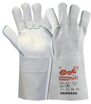 strongAnt GRANADA-Guantes de soldadura largos de cuero de vaca guantes de trabajo también adecuados para la parrilla guantes de seguridad - TÜV GS - Gris - Tamaño: 12