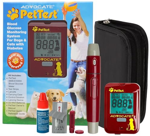 PetTest Glucose Monitoring System - Blood Sugar Check Kit for Dogs & Cats - Full Kit Includes 25 Test Strips, 25 Lancets, Red Dot Lancing Device, Glucose Meter, Carrying pouch - Pets Diabetic Supplies