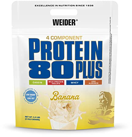 Weider - Protein 80 Plus - 4-Komponenten Protein Pulver - Hoher Proteingehalt mit 80% Eiweiß - Cremige Shakes mit Calcium & Vitamin B6 - 2kg - Banane