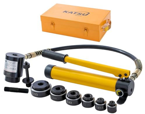 KATSU Perforadora Hidráulica Manual, 10T 22-60,5mm Kit de Herramientas de Punzonado Hidráulico, 6 Matrices Juego de Punzón Hidráulico para Perforar Chapas Metálicas, Plástico 405193