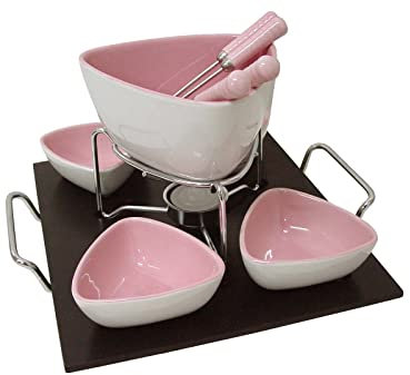 Desconocido Fondue Porcelana Chocolate Queso Carne Base 4 Cuencos Triangular Rosa 400ML + 70ML