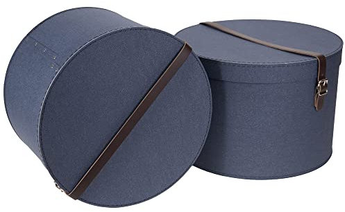 BIGSO RUT 2er-Set Aufbewahrungsbox mit Deckel – runde Ordnungsbox mit Lederriemen – große und kleine Hutschachtel aus Faserplatte und Papier in Leinenoptik – blau