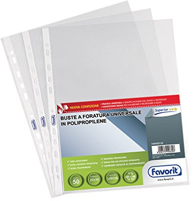 Favorit buste forate interni listino finitura liscia formato A4 dimensioni 22 x 30 cm - confezione da 50 pezzi