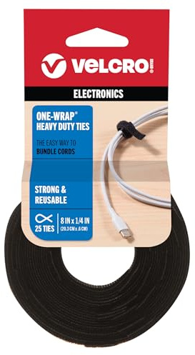 VELCRO Brand ONE-WRAP Cable Ties, Strong Construction Narrow Width 1/4 in x 8 in Pre-Cut Ties, 25ct, Black For Cable, Wire and Cord Management