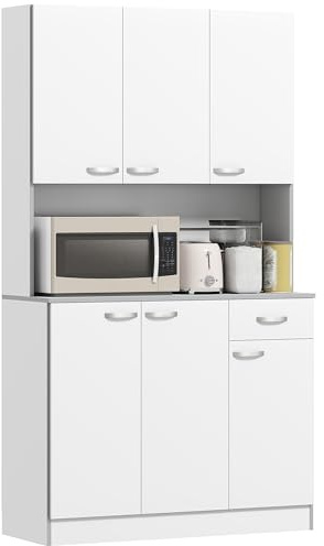 HOMCOM 71 Kitchen Pantry Cabinet, Tall Storage Cabinet with Microwave Stand, Buffet with Hutch, 6 Doors, Storage Drawer, 3 Adjustable Shelves for Living Room, Dining Room, White