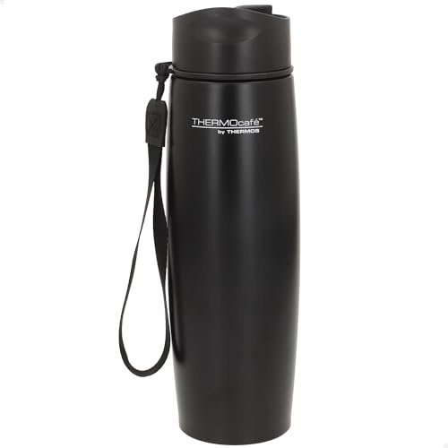 THERMOS Termo Acero Inoxidable, Negro, 500 ml, Medidas 8x7x25 cm, Base Antideslizante, Correa de Transporte, Vasos térmicos para café, Botella térmica (63219)
