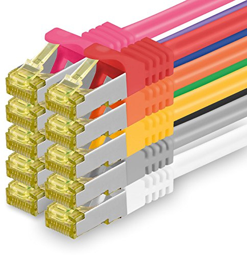 1aTTack.de Cavo di rete Ethernet Lan Cat.7 SFTP spina RJ45 Cat6a doppia schermatura 10000 Mbit/s compatibile con Cat5 Cat6 Cat6a Cat8 per switch Router Modem Patchpanel 10 colori - 10 pz 0,25m