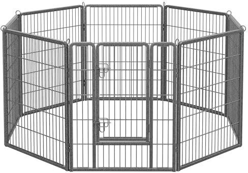 Feandrea Freilaufgehege, Laufstall DIY, mit 8 Gitterplatten je 77 x 100 cm, 2 L-förmige Riegel, transportabel, für innen und außen, Haustiere ohne Halsband, grau PPK81G