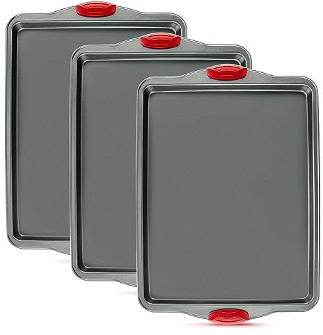 Premium Nonstick Baking Sheet Pans – Set of 3, Heavy-Gauge Carbon Steel, Warp, Dent, and Rust-Resistant – Gourmet Rimmed Half Cookie Sheet Trays, Non-Toxic for Exceptional Baking Performance