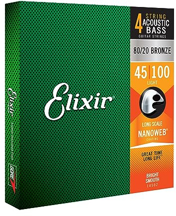 Elixir Strings, Acoustic Bass Guitar Strings, 80/20 Bronze with NANOWEB Technology, Longest-Lasting Bright Tone with Comfortable Feel, 4-String Set, Long Scale, Light 45-100
