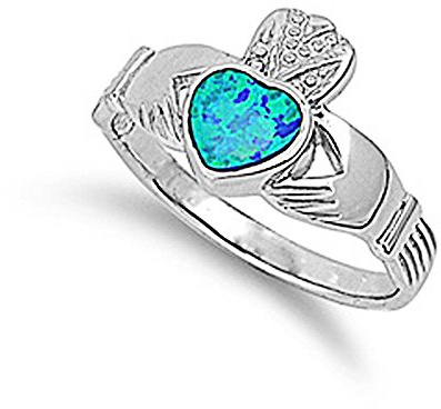 Double Accent Rhodium Plated Sterling Silver Wedding & Engagement Ring Blue Opal Claddagh Ring 12mm
