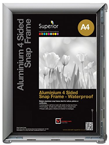 Stewart Superior A4 Waterproof Aluminium 4 Sided 25mm Front Loading Picture/Poster Snap Frame - Silver