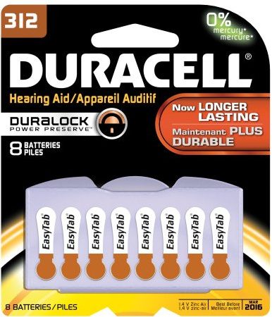 Duracell DA312B8ZM09 Easy Tab Hearing Aid Zinc Air Battery Pack, 312 Size, 1.4V, 175 mAh Capacity (Case of 6 Cards, 8 Unit per Card)