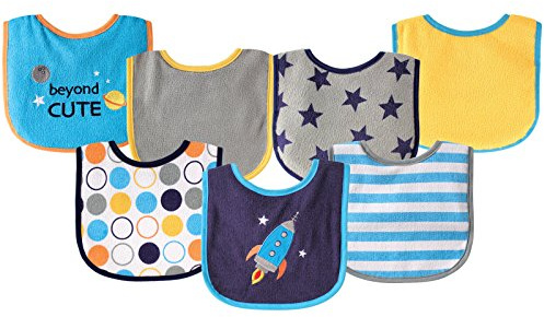 Luvable Friends Unisex Baby Cotton Terry Drooler Bibs with PEVA Back, Blue Rocket, One Size