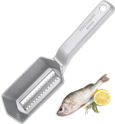 Westmark Fischentschupper mit Schuppenauffangschale, Aluminium, lebensmittelechte Spezialbeschichtung, Rostfreier Edelstahl, 21 x 5,9 x 5,3 cm, Scalex, Silber, 65002260