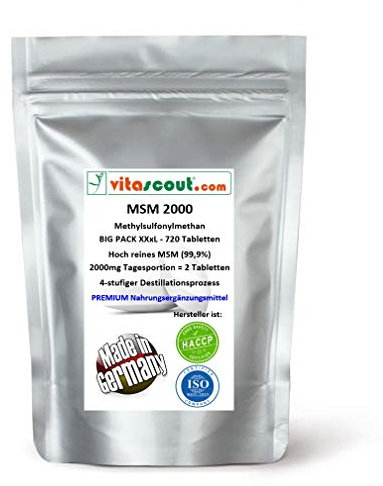 MSM - Methylsulfonylmethan - 720 Tabletten - 2000mg Tagesportion (=2 Tabletten) - 99,9% Reinheit - LABORGEPRÜFT - hochdosiert - MADE IN GERMANY