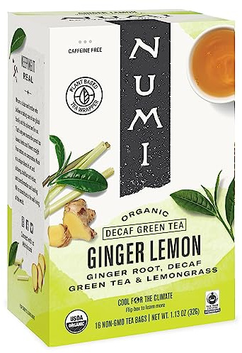 Numi Organic Ginger Lemon Decaf Tea, 16 Green Tea Bags with Ginger Root and Lemongrass