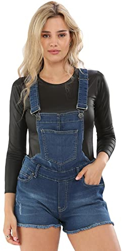 Ladies Stretchable Braces Dungaree Shorts Mid Wash UK 14