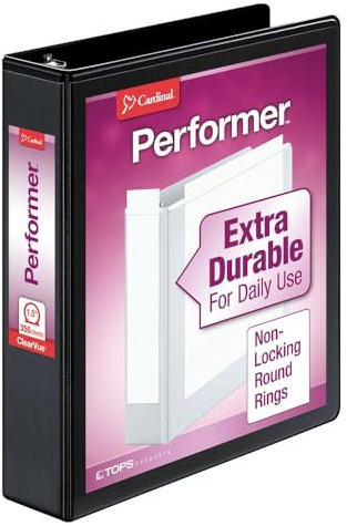 Cardinal 3 Ring Binder, Durable 1.5 Inch Performer ClearVue Binder, Round Rings, 350-Sheet Capacity, Customizable ClearVue Covers, PVC-Free, Black (67325)