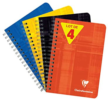 Clairefontaine 668592AMZC Lot de 4 Carnets à Spirale - 9x14 cm - 100 Pages Petits Carreaux - Papier Blanc 90 g - Couverture Carte Pelliculée - Couleurs Aléatoires