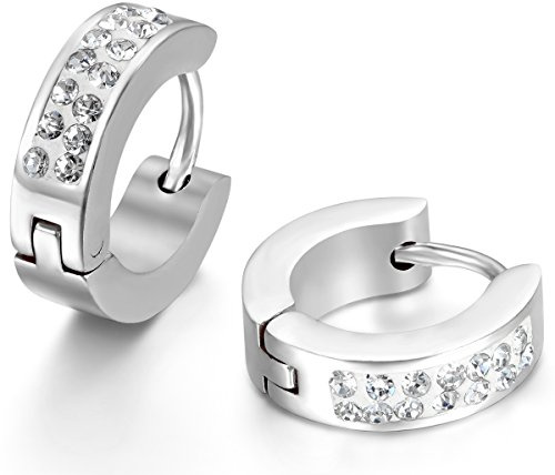 JewelryWe Bijoux 4mm Boucles d'oreilles Anneaux à Charnière Faux Diamant Bling Bling Acier Inoxydable pour Homme et Femme Couleur Argent Avec Sac Cadeau
