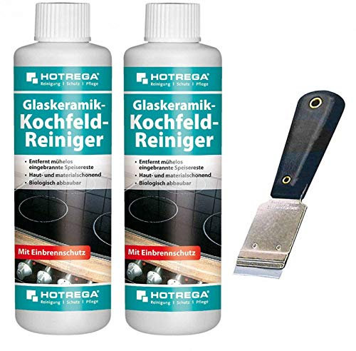 HOTREGA Glaskeramik Kochfeld Reiniger 250ml | Entfernt Eingebranntes & schützt vor Kratzern | Für Induktion & Ceranfeld | inkl. Kochfeldschaber