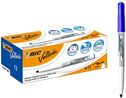 BIC Velleda 1741 Feutres pour Tableau Blanc Effaçables à Sec, Pointe Conique Moyenne - Bleu, Boîte de 12