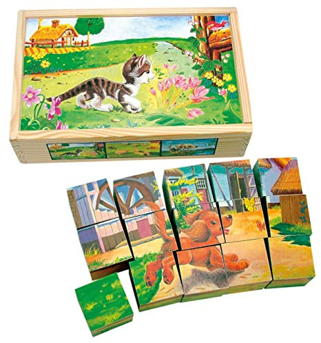 Bino world of toys Bilderwürfel Haustiere Puzzle Holzspielzeug Spielzeug für Kinder ab 18 Monate (15-Teilig, 5 bedruckte Würfel, unterschiedliche Motive, fördert Hand-/Augen-Koordination), Bunt