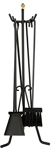WOLFPACK LINEA PROFESIONAL - Juego Atizadores Forjados 5 Piezas 25x70 (Alt.) cm. Soporte, Cepillo, Recogedor, Atizador y Pinzas. Hierro Forjado
