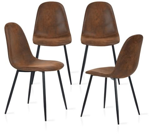 MEUBLE COSY Lot de 4 chaises de salle à manger Scandinave Fauteuil Salon Cuisine Pied Métal Noir Rétro Vintage en suédine Marron