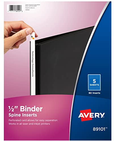 Avery Binder Spine Inserts, for 1/2 Inch Ring Binders Containing 0.7 Spine Width, 80 Cardstock Inserts (89101)