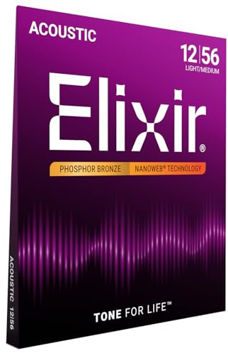 Elixir Strings, Acoustic Guitar Strings, Phosphor Bronze with NANOWEB Technology, Longest-Lasting Rich and Full Tone For Life with Comfortable Feel, 6 String Set, Light/Medium 12-56