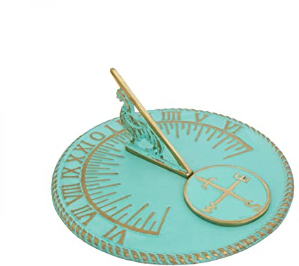 Renovators Supply Manufacturing Sundial Verdigris Finish Brass 10 Dia Vintage Sun Dial Garden Or Lawn Clock Compass NESW Plaque and Rooster Dial Round Patio Outdoor Compass Sundials for Yards