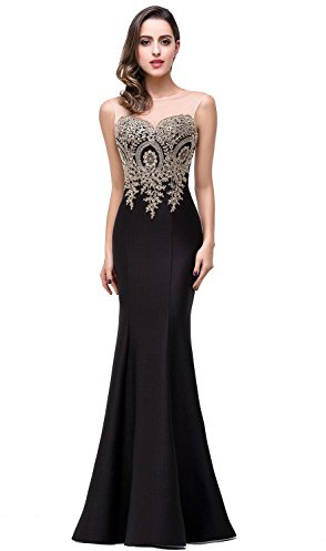 Babyonlinedress Sexy Elegant Robe de soirée Bal Cérémonie Forme Fourreau Longue au Sol sans traîne avec Dentelle Applique en Tulle Satin Noir 36