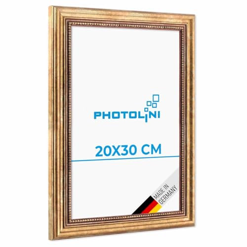 PHOTOLINI Barock-Bilderrahmen 20x30 cm in Gold antik, Holz-Rahmen Vintage, Made in Germany, Echtglas, zum Aufhängen, mit Zubehör - verleiht Deinen Fotos das besondere Etwas