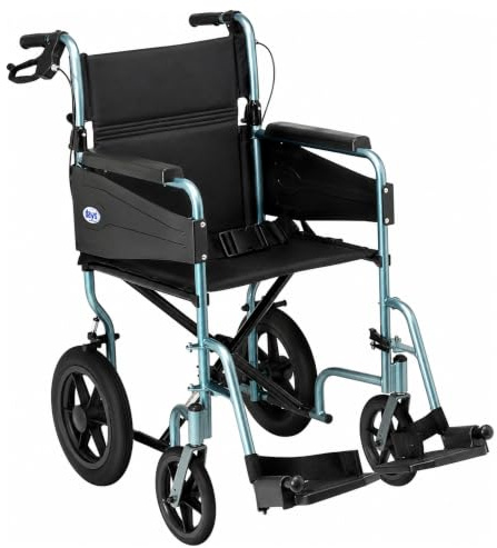 Days Compact Lightweight Wheelchair for Adults, Folding Wheelchair - Blue | 41 cm Seat, Folds Flat for Storage or Travel, Padded Seat, Footrests, Puncture-Proof Tyres & Secure Brakes for Wheel Chairs