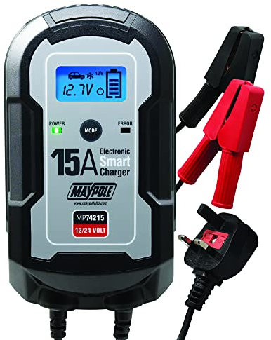 Maypole 15A Dual Voltage 12 24V Electronic Smart Car Battery Charger 10L Fully Automatic 9 Stage Charging Cycle Heavy Duty Lead Acid AGM GEL Car Motorbike Van Motorhome Lorry