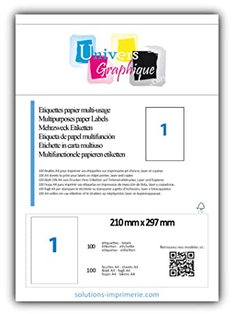 Lot de 100 feuilles A4 d'étiquettes autocollante 210x297mm - planche adhésive blanche permanente de 1 étiquette. Marque UNIVERS GRAPHIQUE
