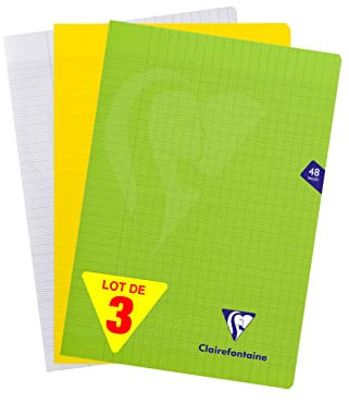 Clairefontaine 293101AMZC Lot de 3 Cahiers Agrafés Mimesys - A4 21x29,7 cm - 48 Pages Grands Carreaux - Papier Blanc 90 g - Couverture Polypro Couleurs Aléatoires