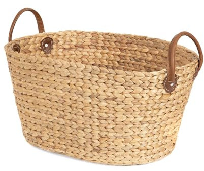 Compactor Belize Hand-Woven Water Hyacinth Storage Basket, Large Laundry Hamper, Toy Storage and Washing Basket with 2 Leather Effect Handles, For Bedrooms, Bathrooms and Living Rooms, Natural Brown
