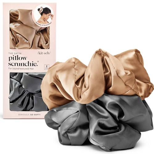 Kitsch Satin Scrunchies for Women - No Crease Hair Ties for Girls | Scrunchies For All Hair Types and Textures, Perfect for Day or Night - 2 Pcs, Charcoal and Gold