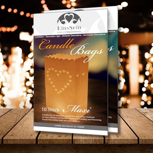 EinsSein 10x Lichttüten Herz Maxi Lichtertüten Kerzentüten Papier Weihnachten Windlicht Luminarias Hochzeit Party Dekoration Hochzeitsdeko Papierlaternen