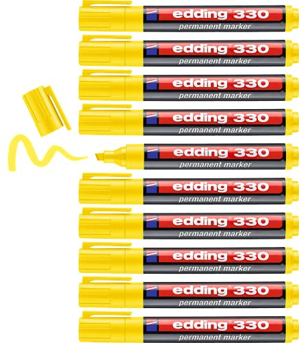 edding Pennarello permanente 330 - giallo - 10 penne - punta a scalpello 1-5 mm - penne impermeabili ad asciugatura rapida - per cartone, plastica, vetro, legno, metallo e tessuto
