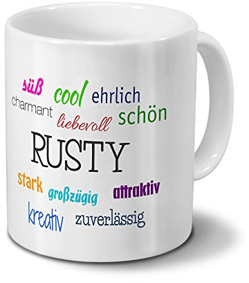printplanet Tasse mit Namen Rusty - Motiv Positive Eigenschaften - Namenstasse, Kaffeebecher, Mug, Becher, Kaffeetasse - Farbe Weiß