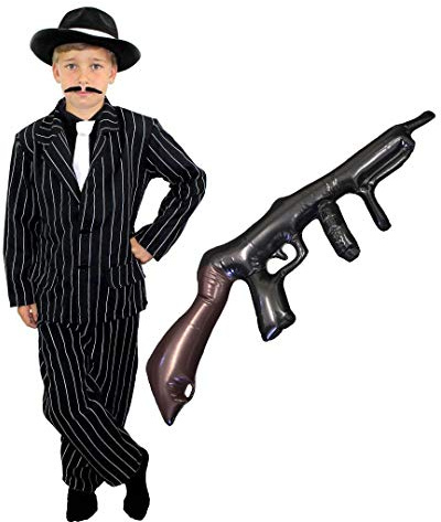 CHILDS 1920's GANGSTER FANCY DRESS COSTUME - BLACK PINSTRIPE SUIT + WHITE TIE + INFLATABLE TOMMY GUN - BOYS (10-12 YEARS)