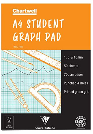 Clairefontaine - Ref J14BZ - Chartwell Graph Pad (Contains 50 Sheets) - A4 (210 x 297mm) Sized, 1, 5 & 10mm Square Rulings, 70gsm Punched Paper, FSC-Certified