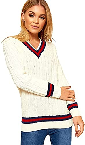 New Ladies V Neck Cable Knitted Cricket Jumper Womens Stretch Long Sleeve Stripe Top